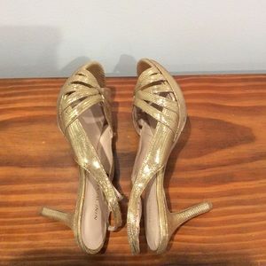 Nine West Glittery Gold Peep Toe Leather Heeled Shoes  6.5
